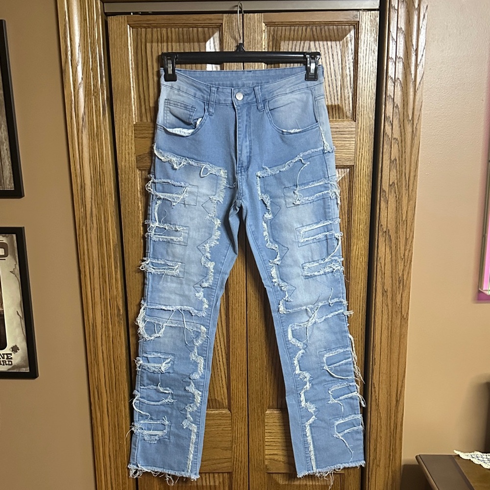 SHEIN Ripped Light Blue Slim Straight Jeans